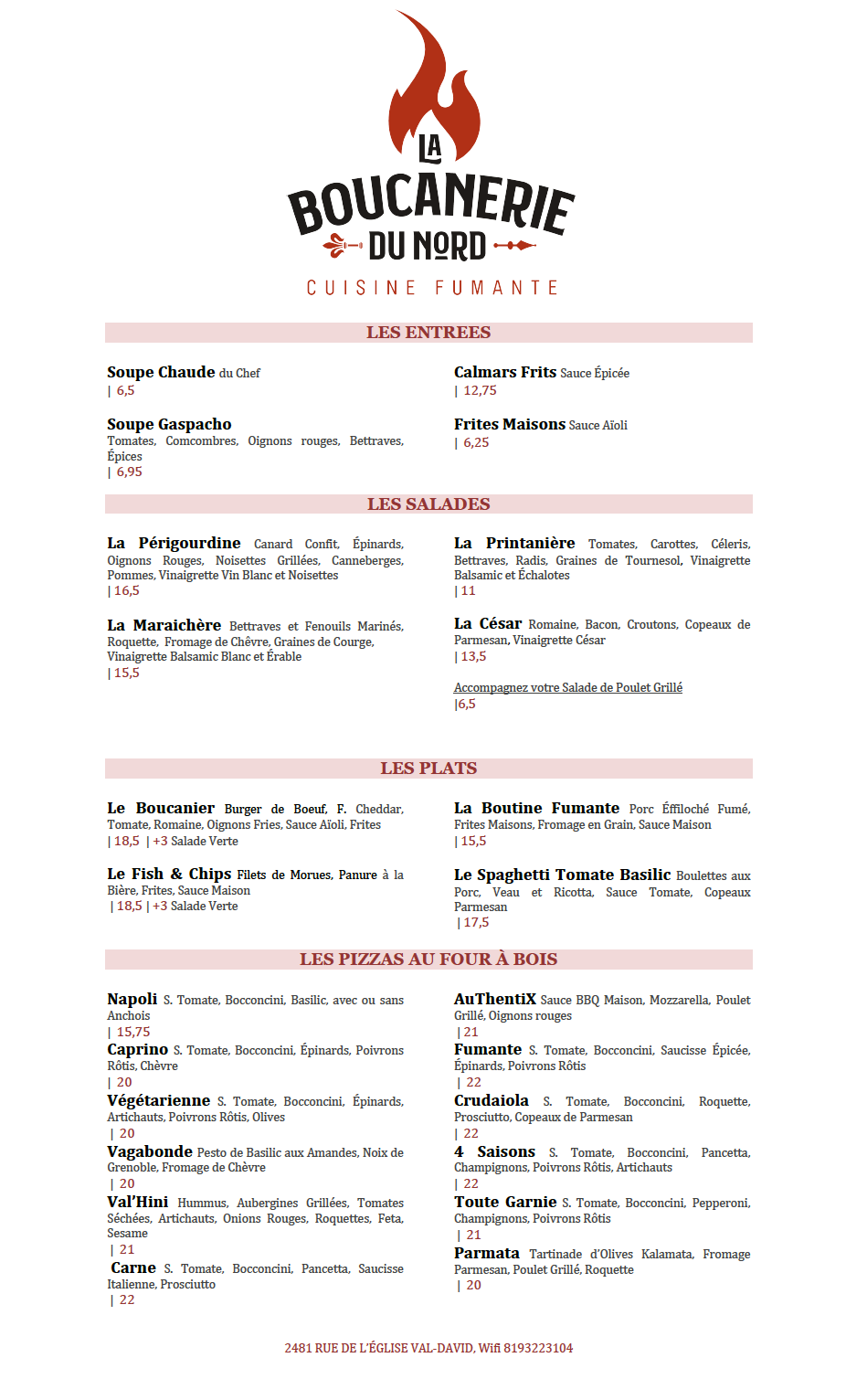 La Boucanerie du Nord Menu