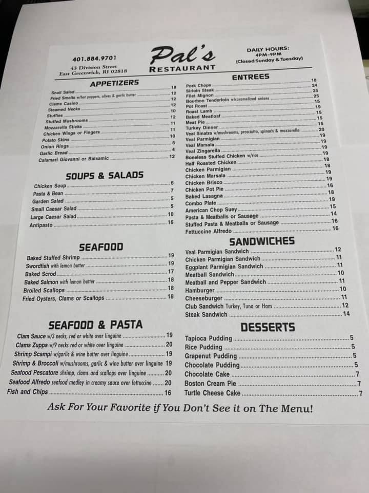 Pal's Restaurant Menu