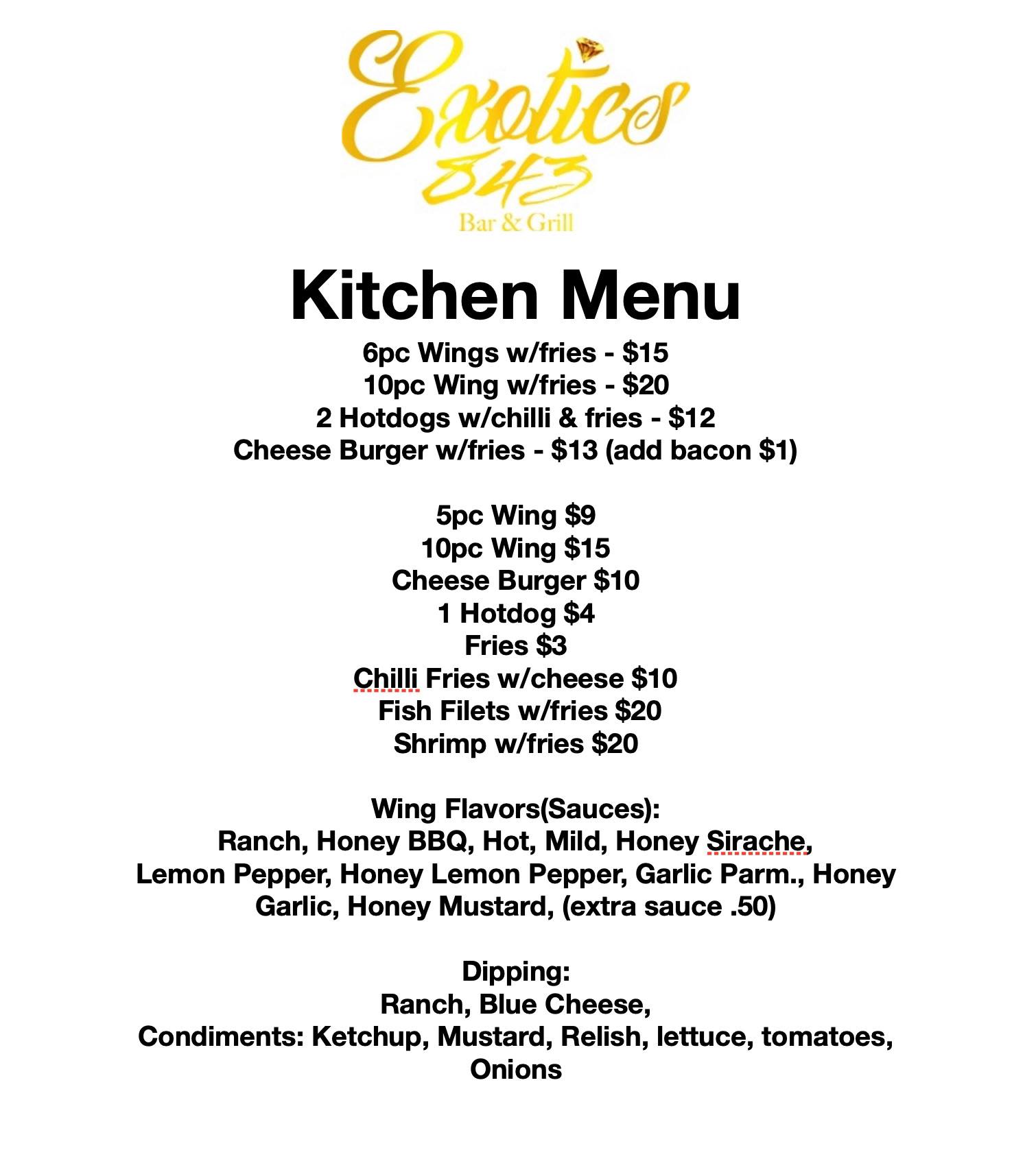 Exotics 843 Bar and Grill Menu