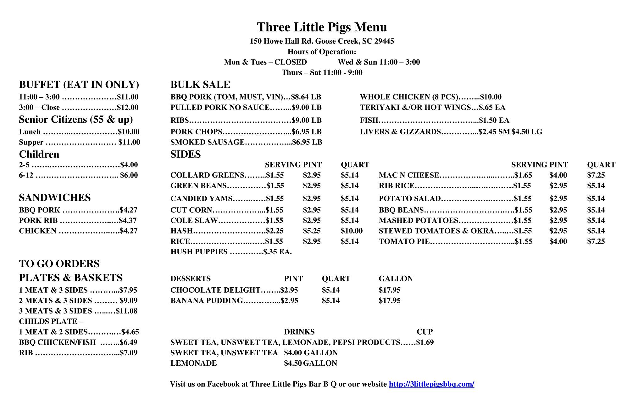 Three Little Pigs BBQ Menu