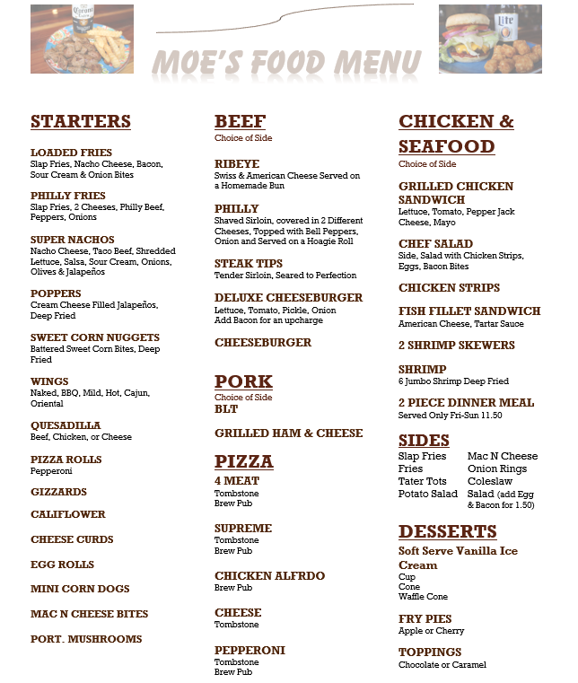 Moe's Bar And Grill Menu