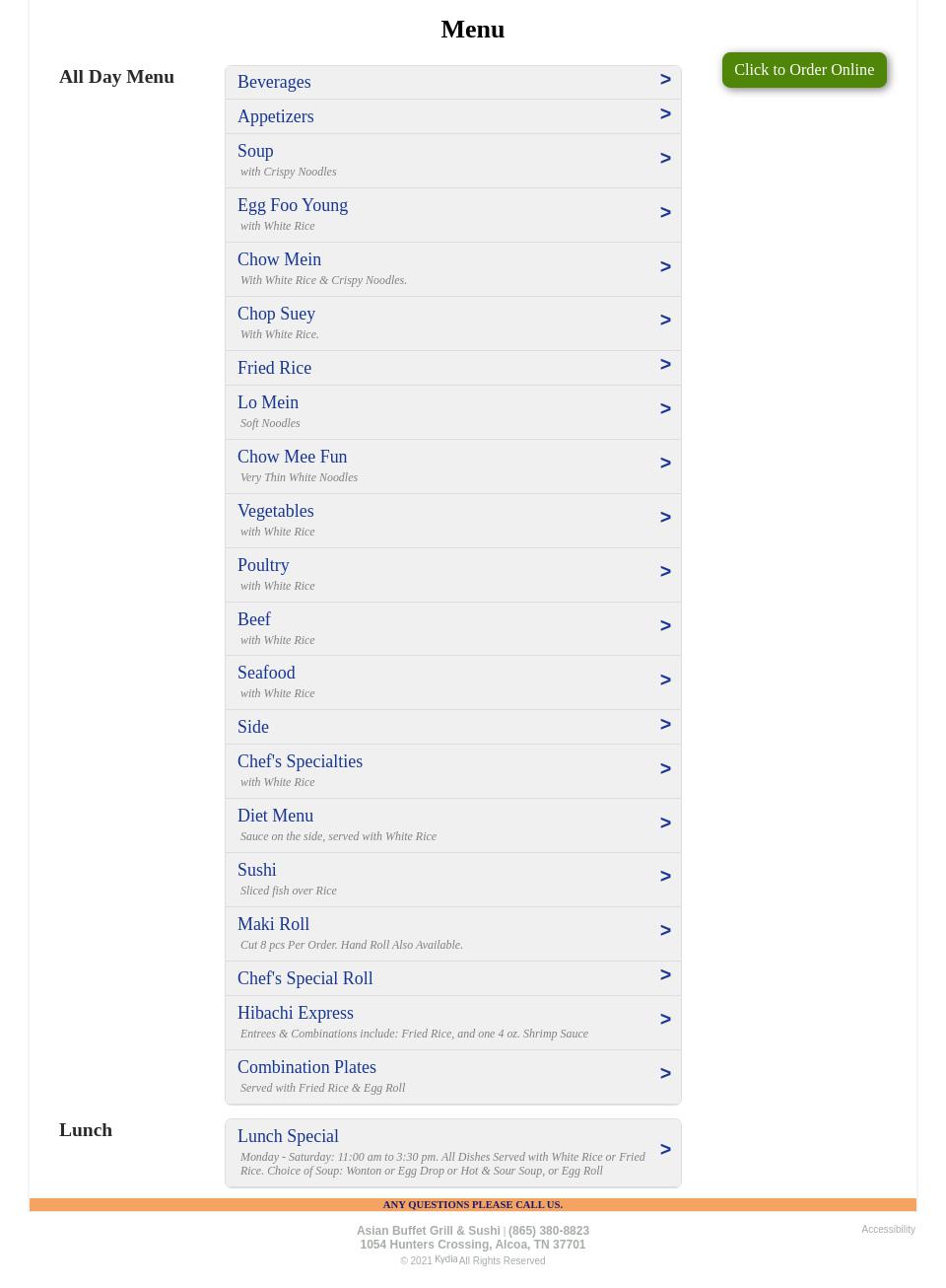 Asian Buffet Grill & Sushi Menu