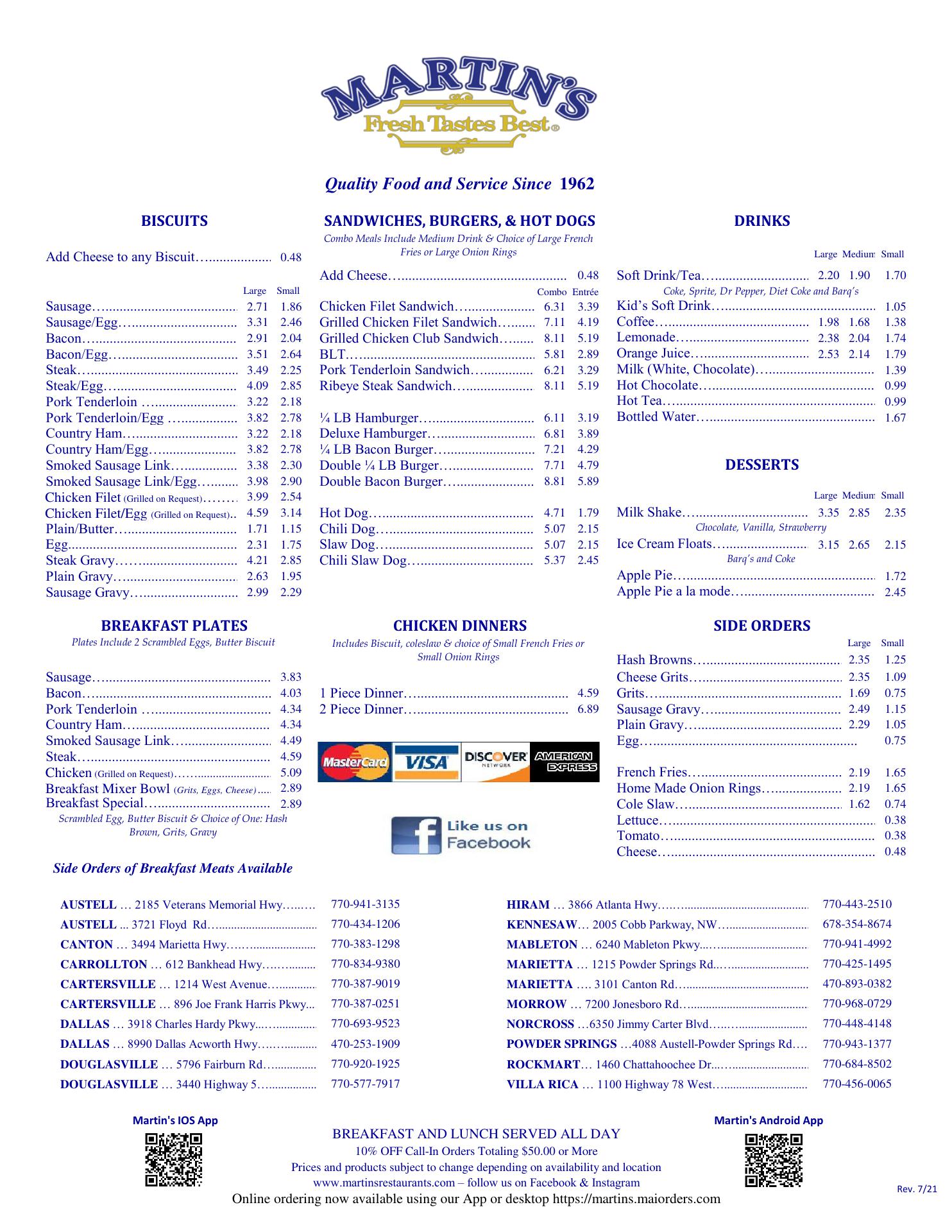 Martins Restaurant Menu