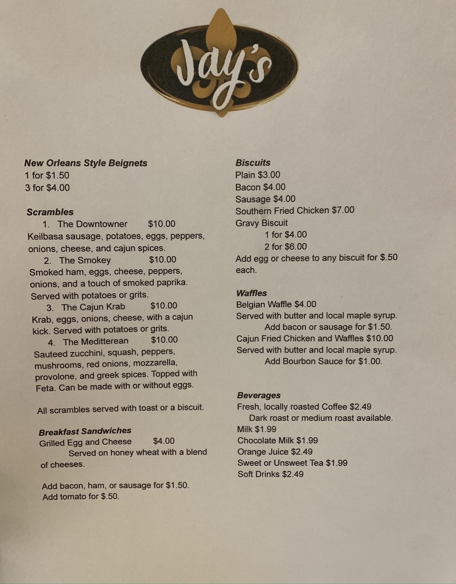 Jay's Restaurant Menu