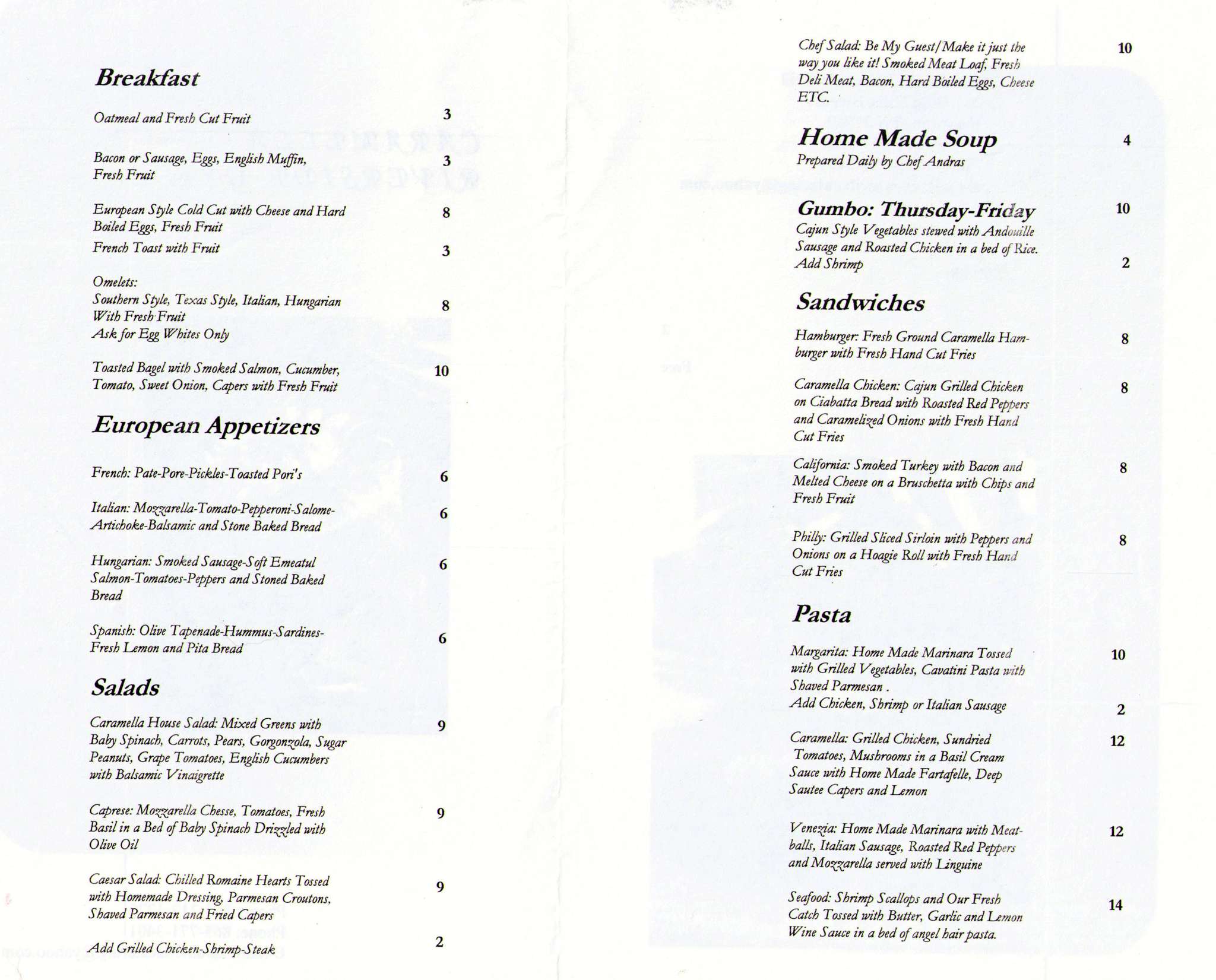Caramella Bistro Catering Menu