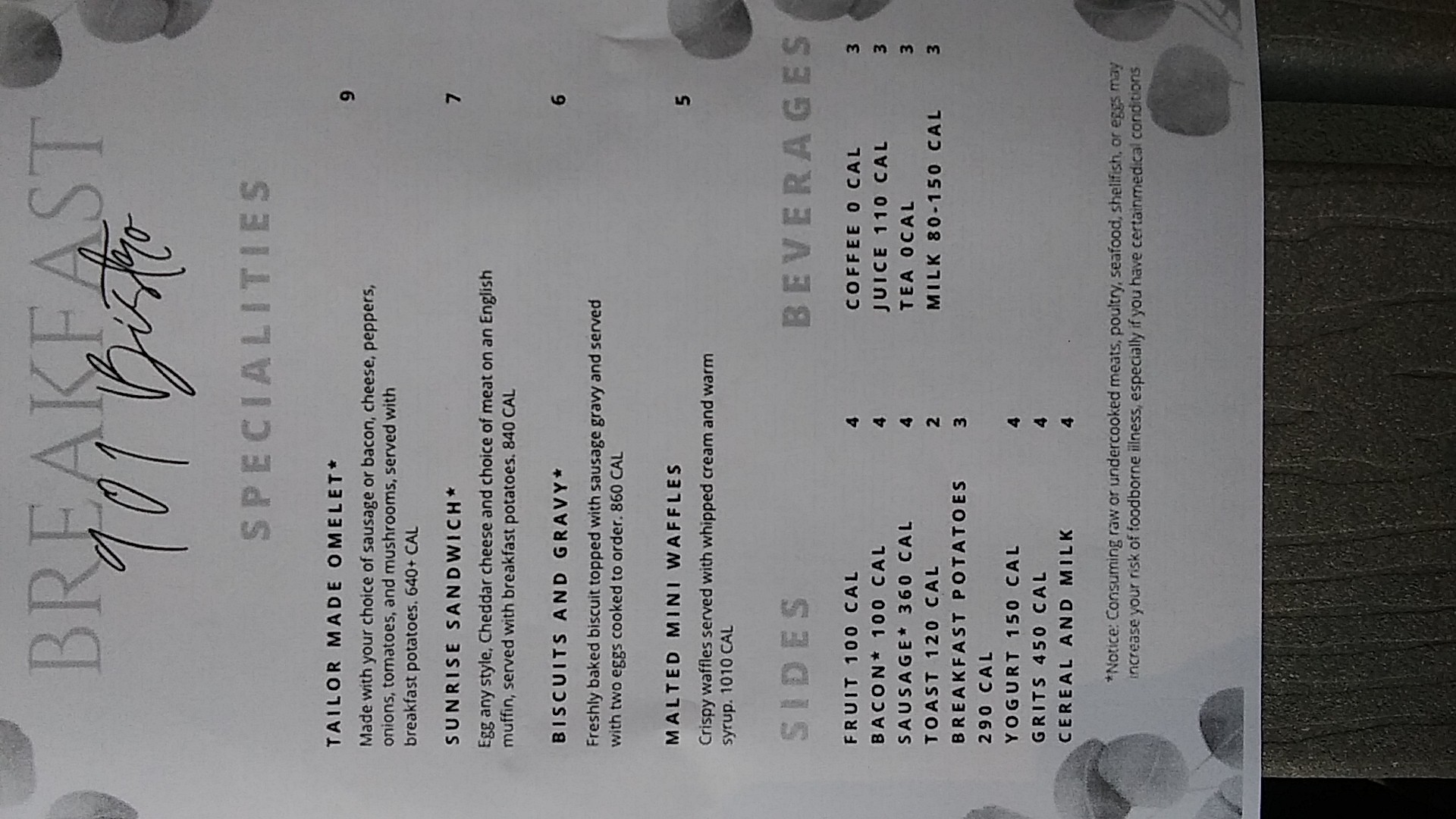 Breakfast 101 Bistro Menu