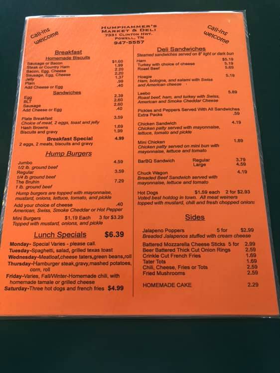 Humphammers Market & Deli Menu
