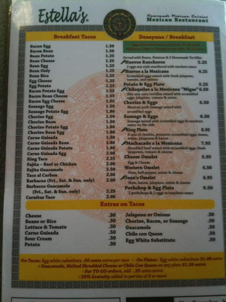 Estella's Mexican Restaurant Menu