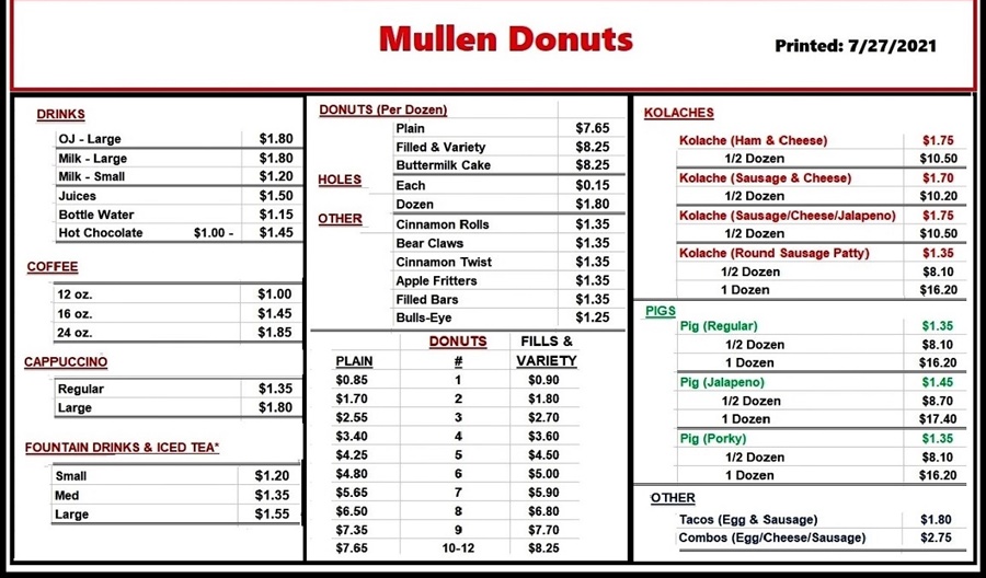 Mullen's Donuts Menu
