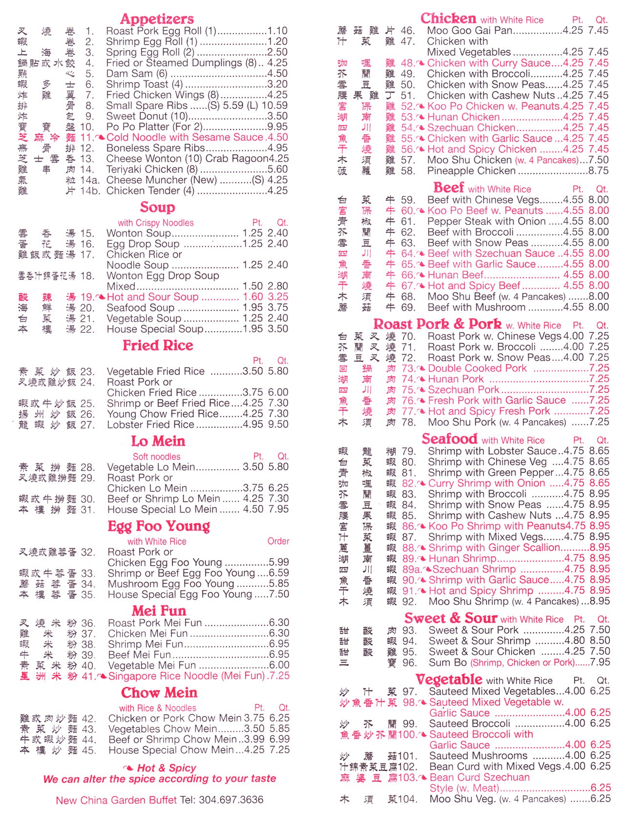China Buffet Menu