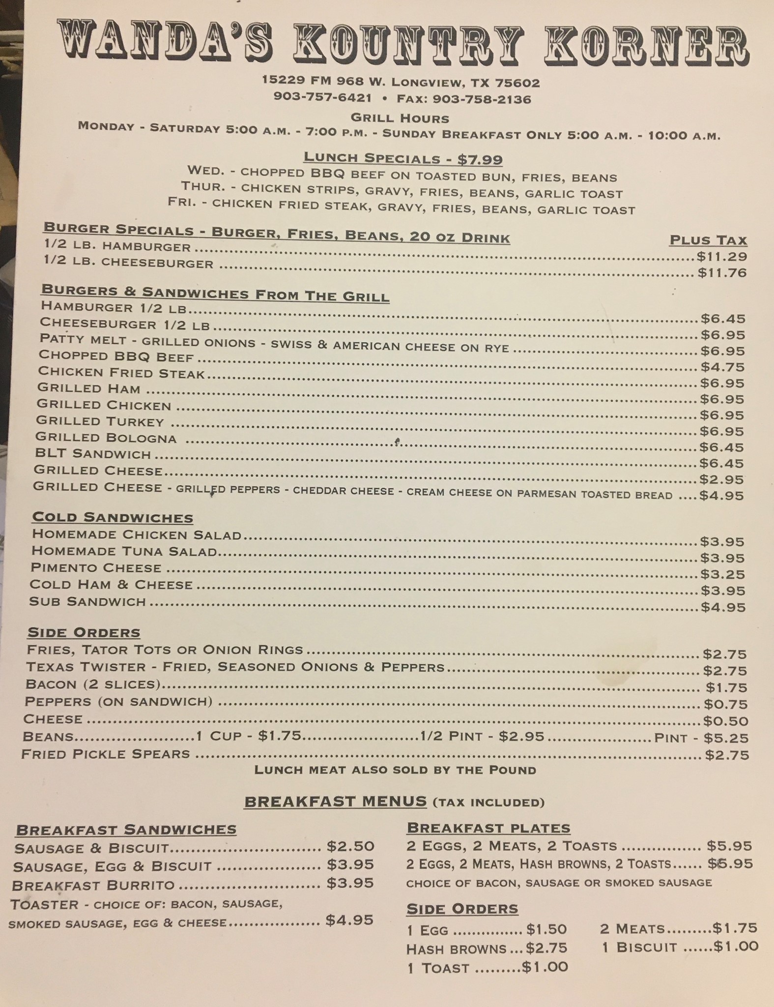 Wanda’s kountry Korner Menu
