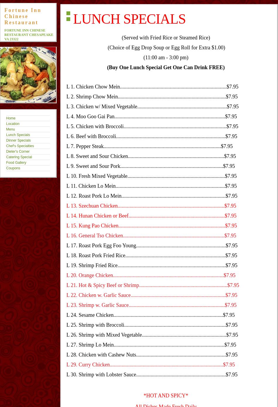 Fortune Inn Chinese Restaurant Menu