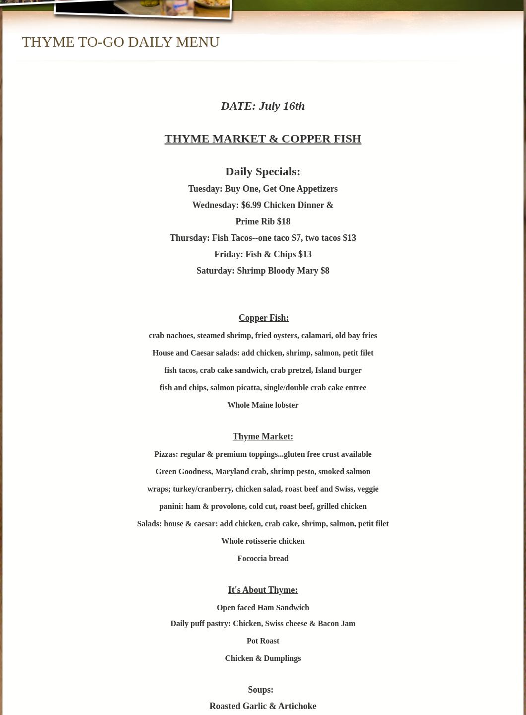Thyme Market Menu