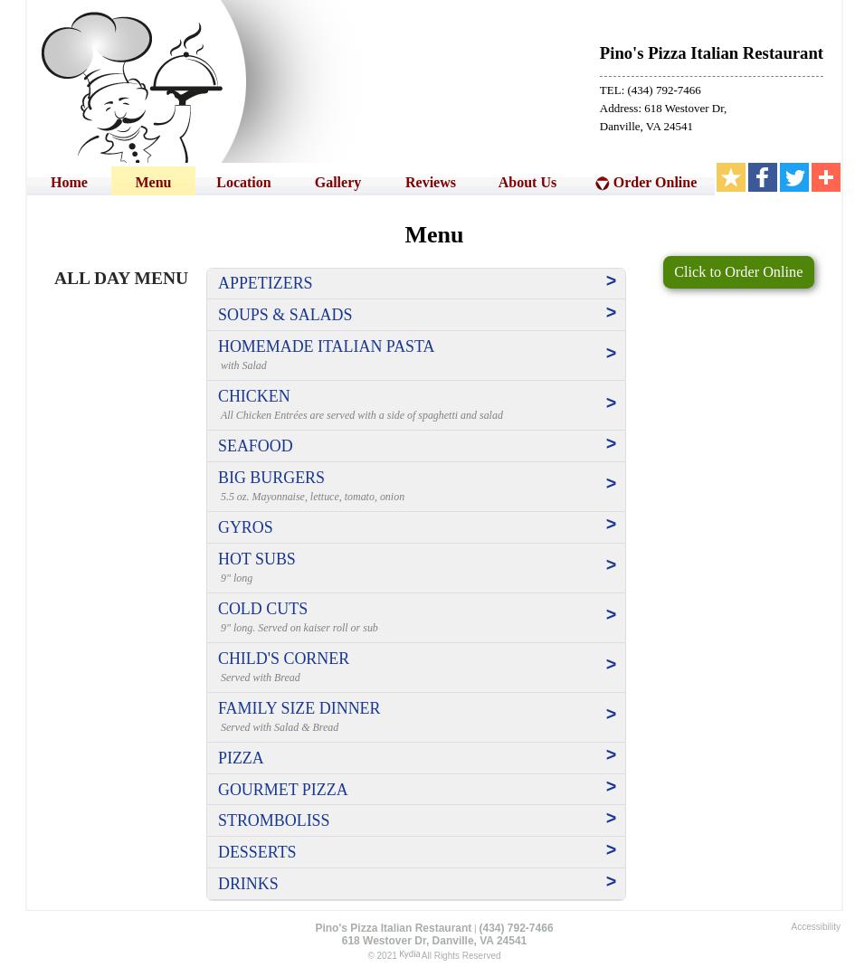 Pino's Pizza Italian Restaurant Menu
