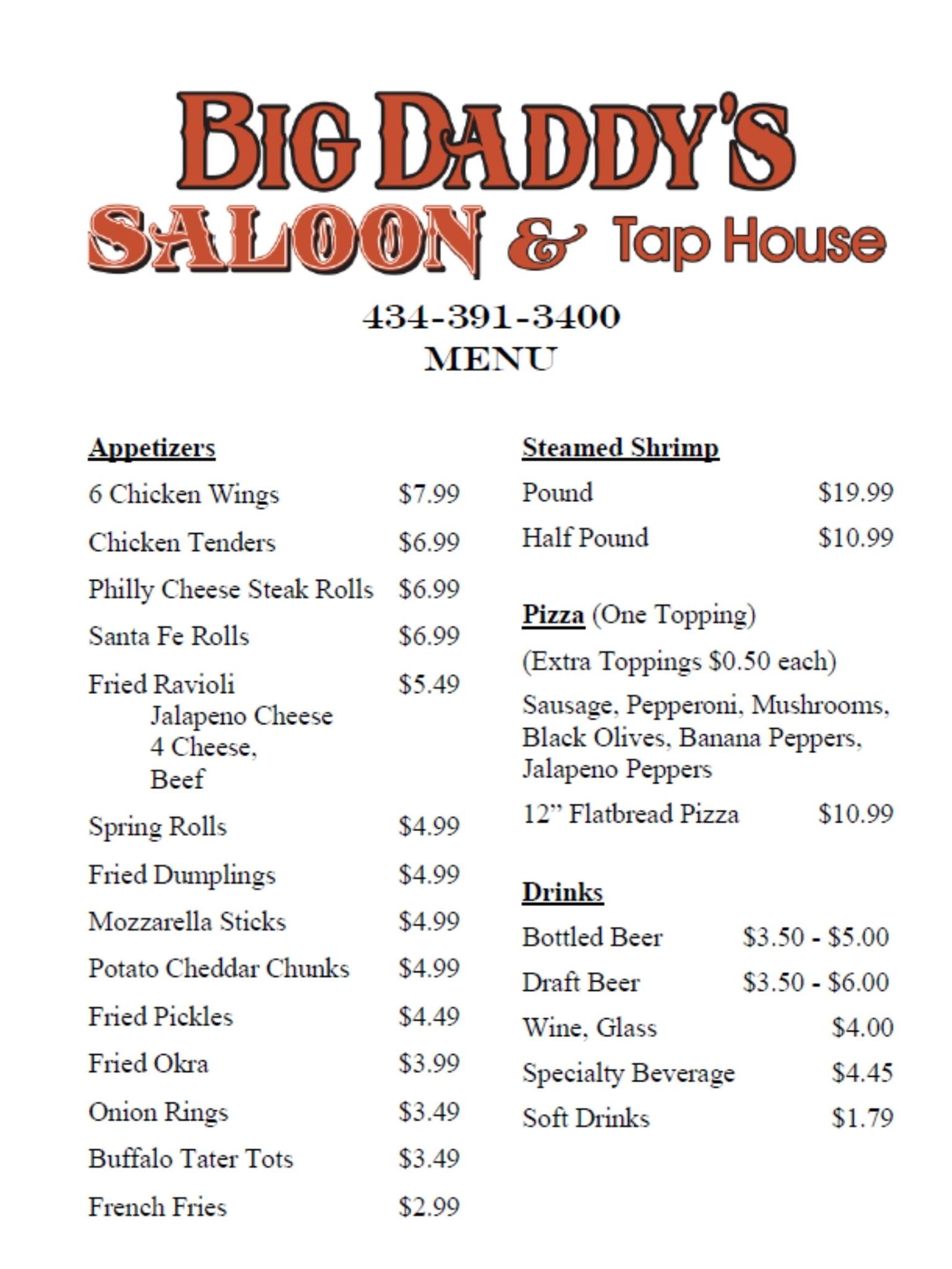 Big Daddy's Saloon & Tap house Menu