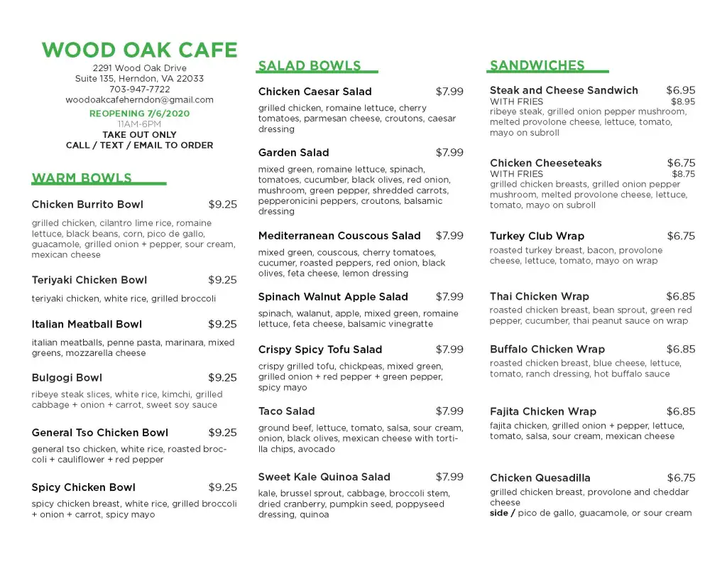 Wood Oak Cafe Menu