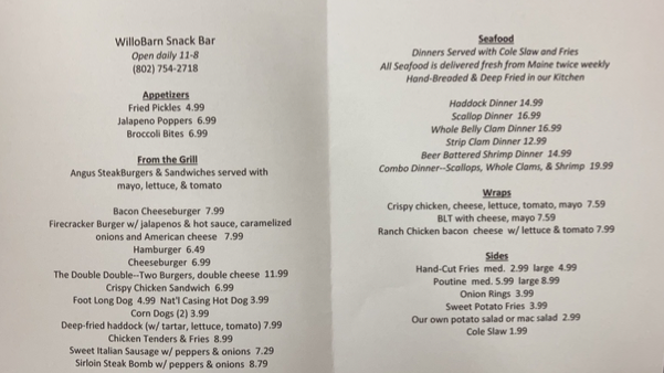WilloBarn Snack Bar Menu