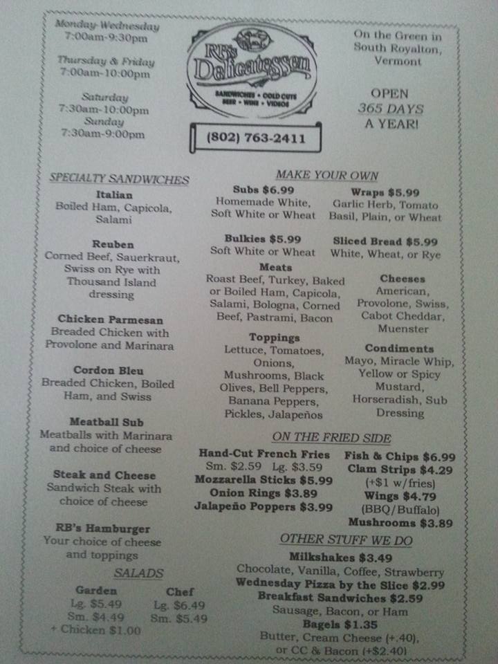 R B's Delicatessen Menu