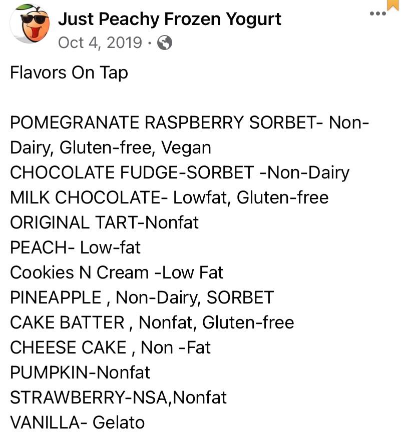 Just Peachy Frozen Yogurt Menu