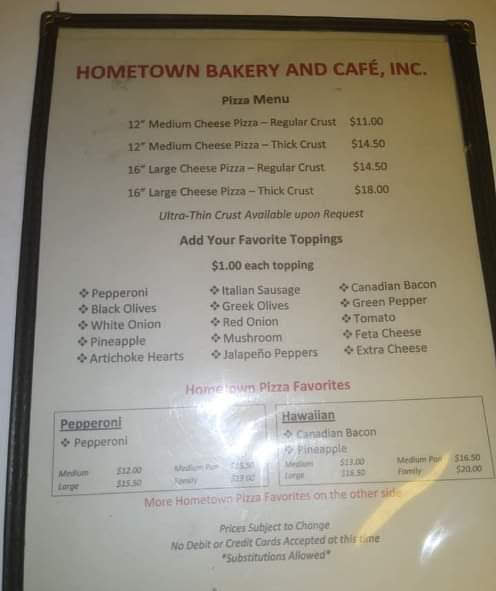 Hometown Bakery Cafe Menu