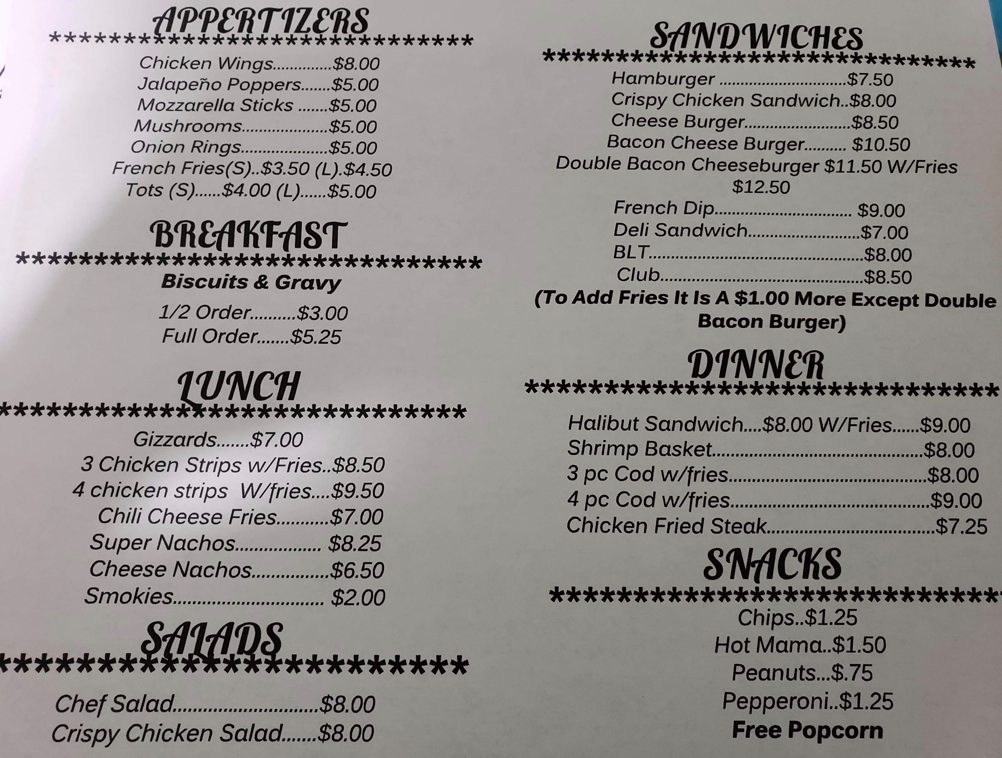 Oregon Way Tavern Menu