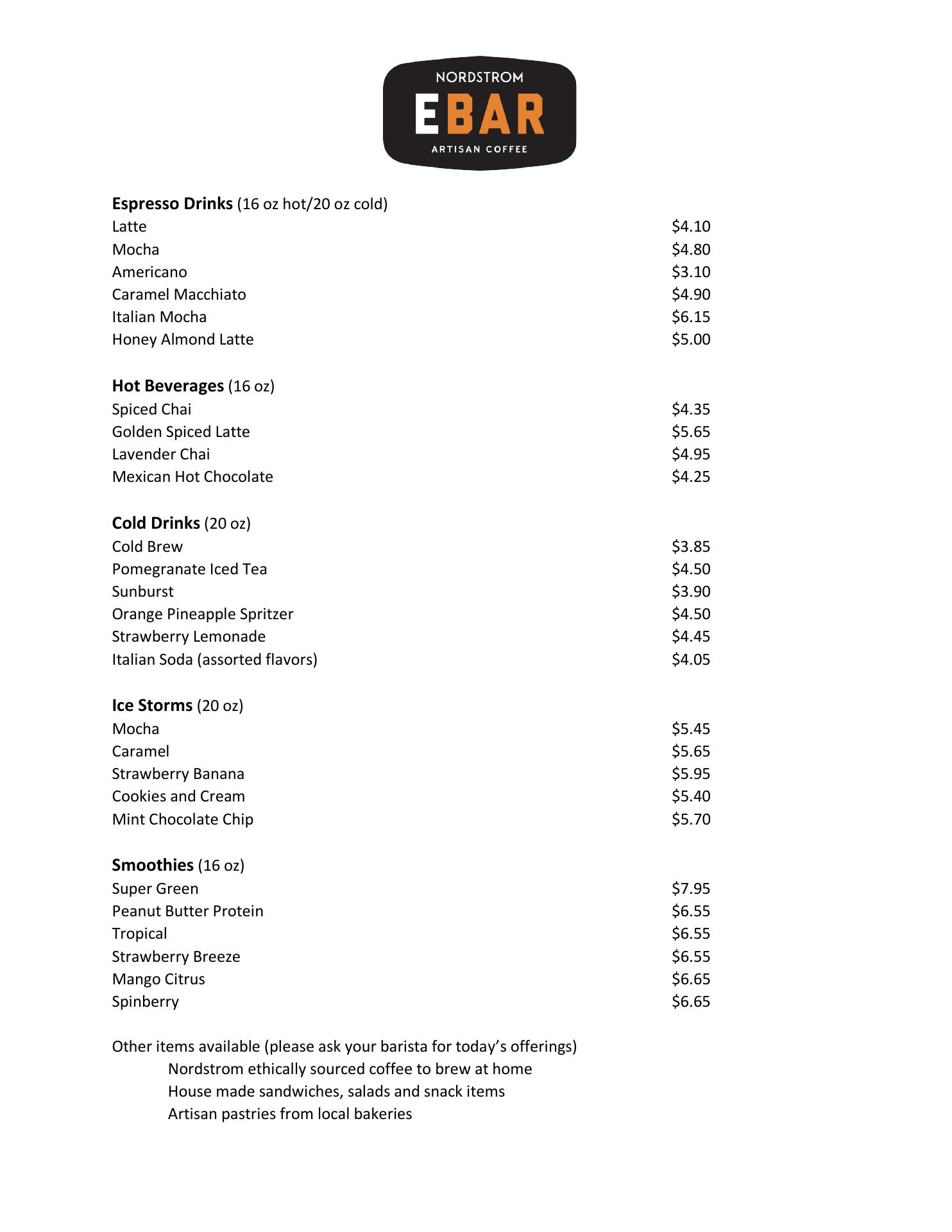 Nordstrom Espresso Bar Menu