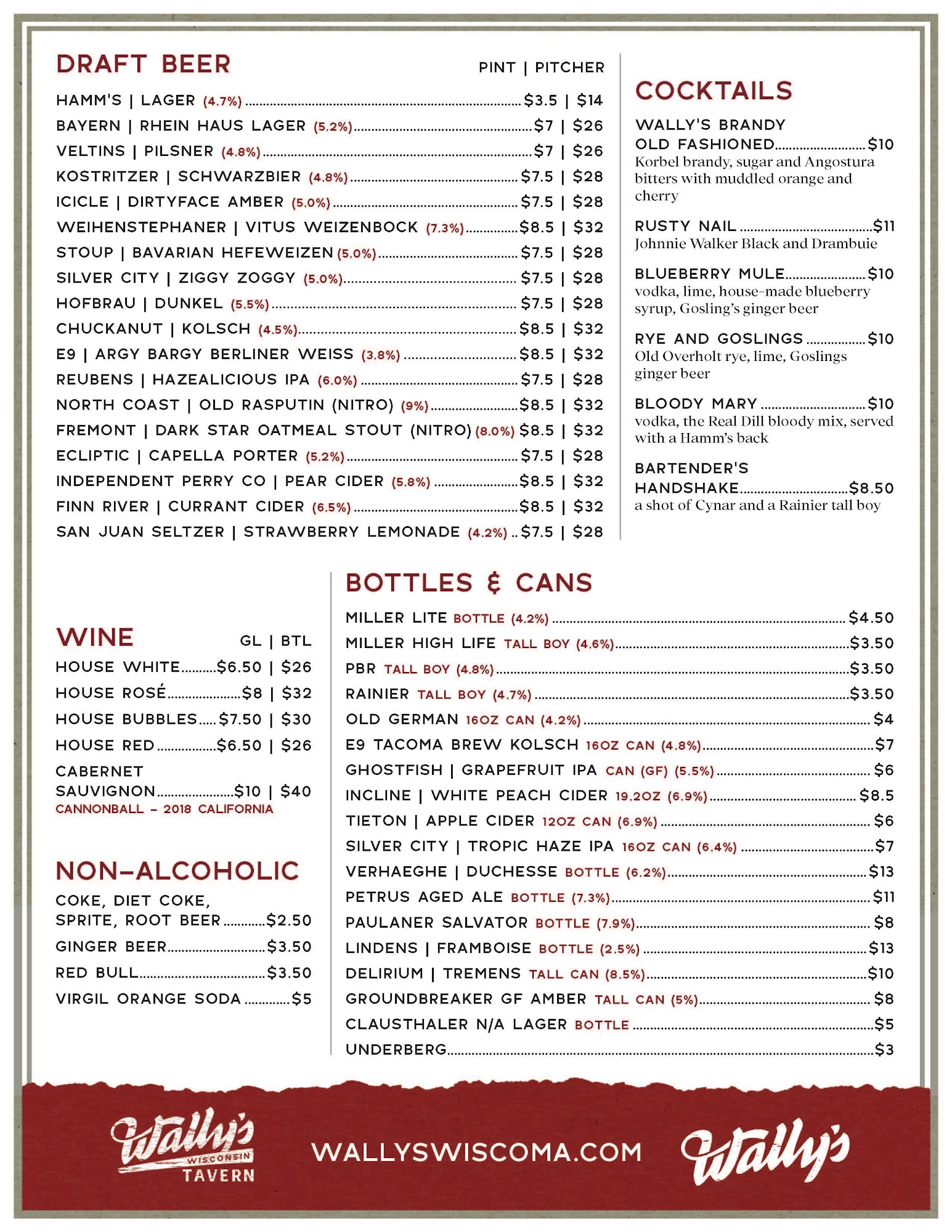 Wally’s Wisconsin Tavern Menu