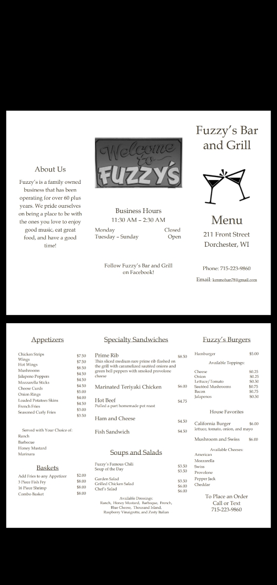 Fuzzy's Bar Menu