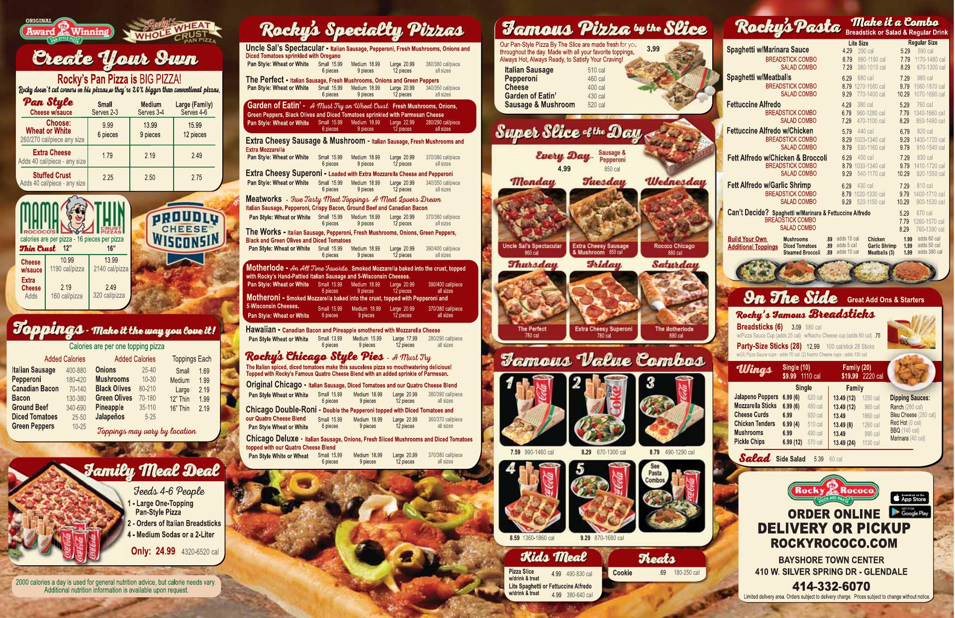 Rocky Rococo Pizza and Pasta Menu