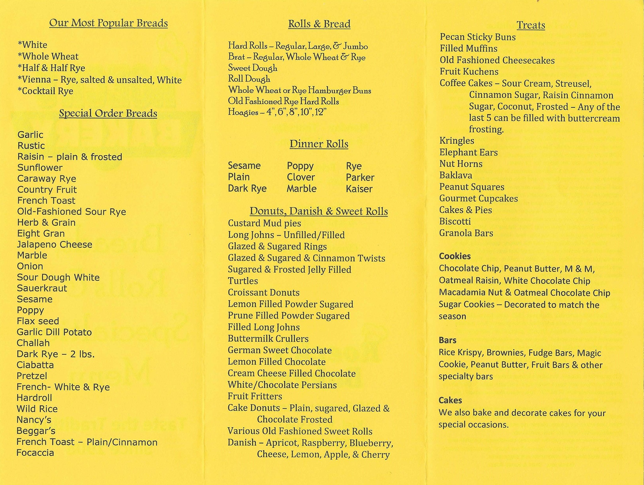 Roeck's Bakery Menu