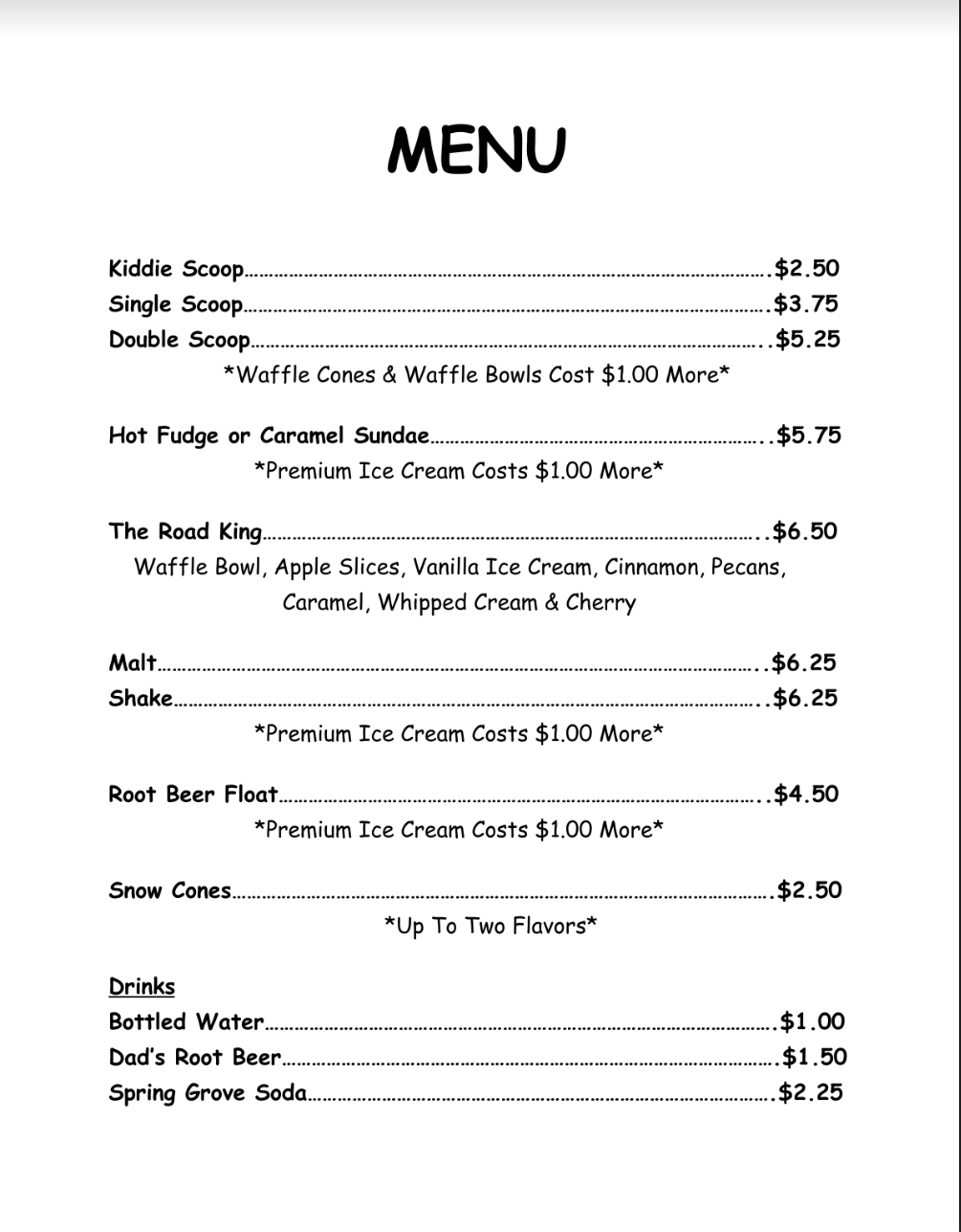 Hood Scoops Ice Cream Shop Menu